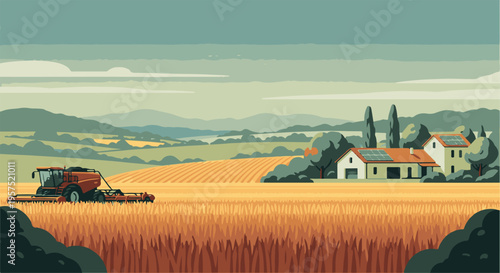 Rural harvest scene with combine in golden field, modern houses, green hills