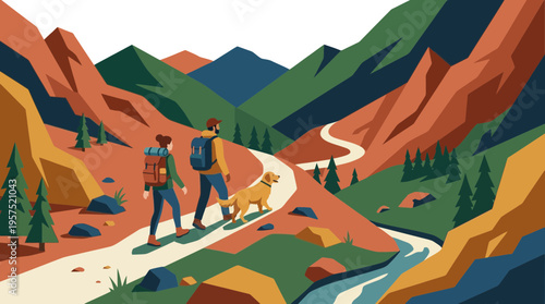 Scenic Hiking Trail in Mountainous Landscape with Adventurers