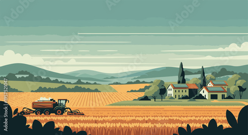 Rural landscape: Tractor harvesting golden fields and solar-powered homes