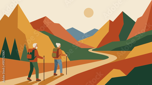 Scenic Hiking Trail in Mountainous Landscape with Travelers