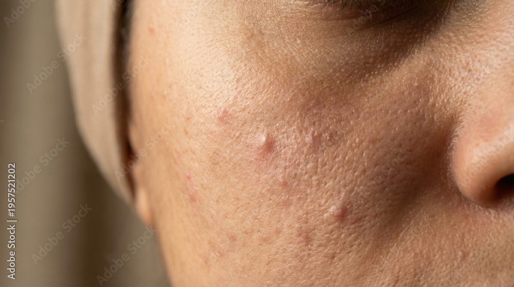 Naklejka premium Close up view of facial skin with acne and large pores. Shows common dermatological problems and sensitivity. Useful for skincare marketing or medical education.