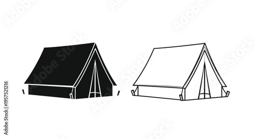Two tent illustrations one solid black and one white outline