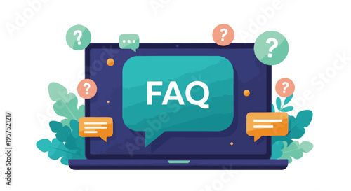 FAQ concept on laptop screen with speech bubbles and question marks