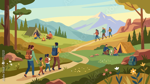 Scenic hiking trail with mountain views in isometric design