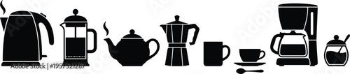 Coffee and Tea Brewing Equipment Silhouette Set Featuring Kettle French Press Teapot Moka Pot Coffee Maker and Cups Illustration