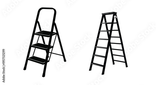 Two black silhouettes of stepladders against a white background