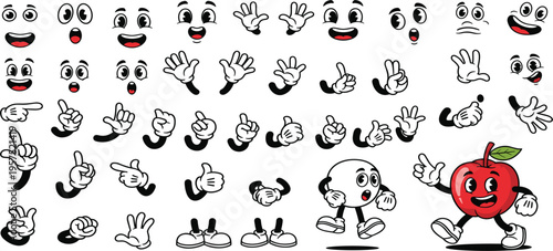 Cartoon Apple Character Creation Kit with Faces, Hand Gestures, Legs, and Expressions for Animation, Mascot Design, and Custom Cartoon Illustration Projects