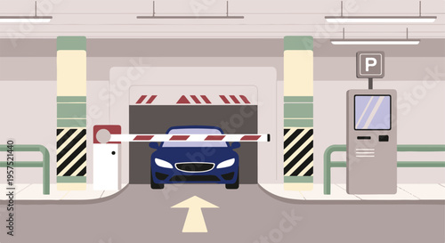 Blue car at entry of underground parking garage with barrier and machine