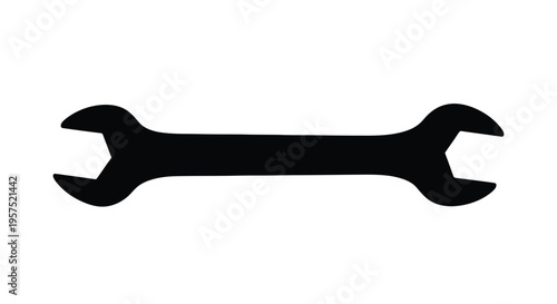 Simple black silhouette of an open end wrench against a white background