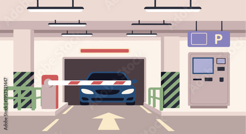 Car entering underground parking garage with barrier and payment machine