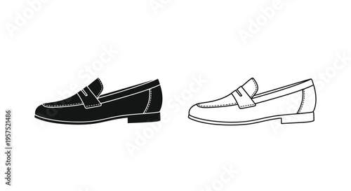Black and white illustration of two classic leather loafers side by side