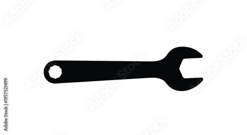 A simple black silhouette of an open end wrench isolated on a white background