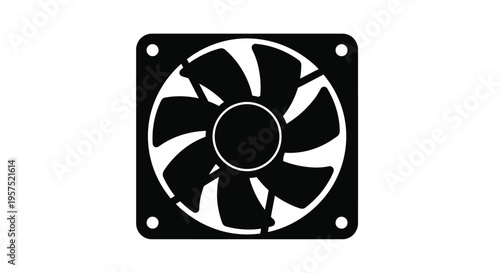 Simple black and white illustration of a square computer cooling fan