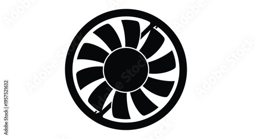 A black and white illustration of a circular cooling fan with blades