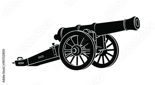 A black silhouette depicts a vintage cannon on a white background