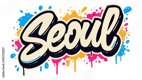 Seoul handwritten graffiti lettering with colorful paint splashes on light background. Concept of urban culture, travel destination and street art design