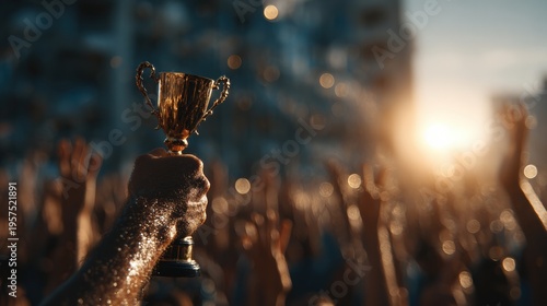 Trophy Held High: The trophy is raised in a symbol of triumph as an outpour of support erupts. Capturing the essence of victory and teamwork.
