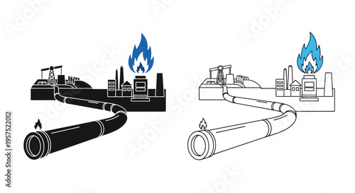 Oil pipeline and industrial complex with flames black and white versions