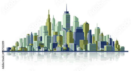 Geometric City Skyline Illustration with Reflections on White Background
