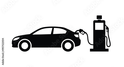 Black silhouette of a car refueling at a gas station pump