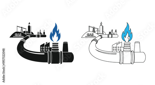 Two depictions of a gas pipeline with industrial facilities and flames