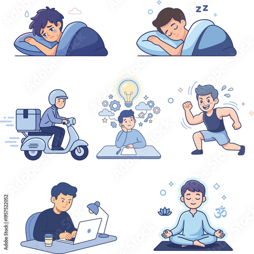 Young man going through daily activities including sleeping, working, and exercising  