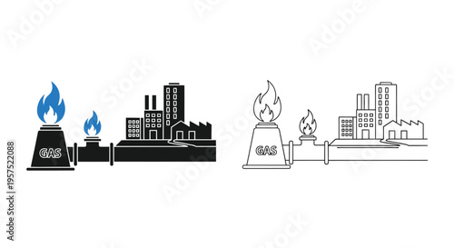 Gas pipeline infrastructure connecting industrial facilities with flame icons