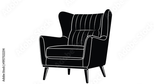 A black and white silhouette of a modern high backed armchair