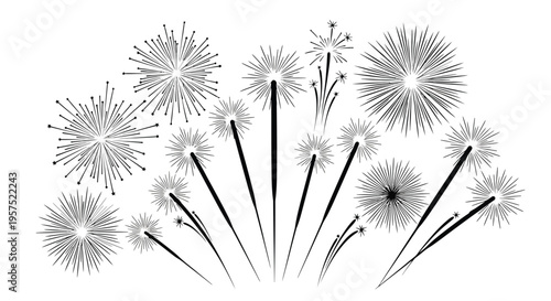 A collection of firework bursts in a black and white sketch style