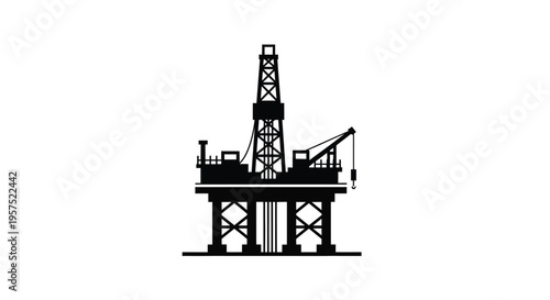Silhouette of an offshore oil drilling platform against a white background
