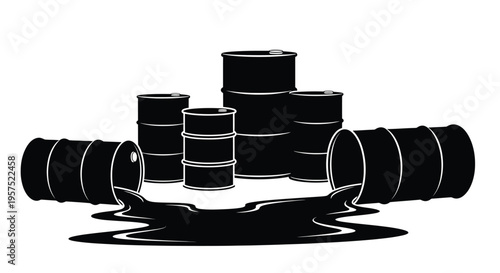 Black and white illustration of oil drums and a spill