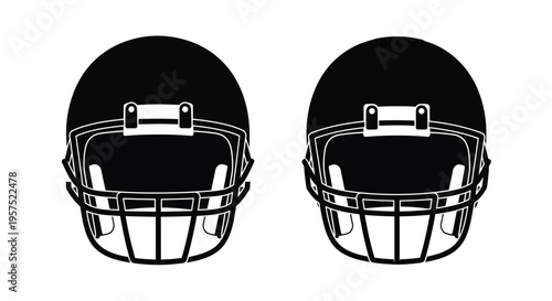 Two black silhouettes of american football helmets facing forward