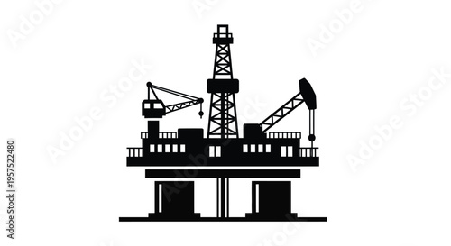 Black silhouette of an offshore oil rig with supporting structures
