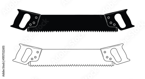 Two depictions of a bucksaw a solid black version and a line drawing