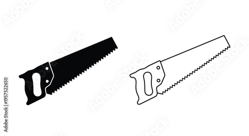 Two hand saws depicted in contrasting black and white line art styles