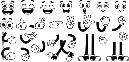 Cartoon Mascot Body Parts Set with Funny Faces, Hands, Legs, Gestures, Emotions, and Retro Animation Style Vector Illustration Collection