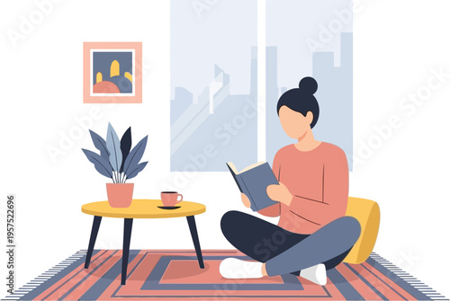 Cozy scene of a woman reading a book in a comfortable living room with a plant and coffee, promoting relaxation and a peaceful lifestyle