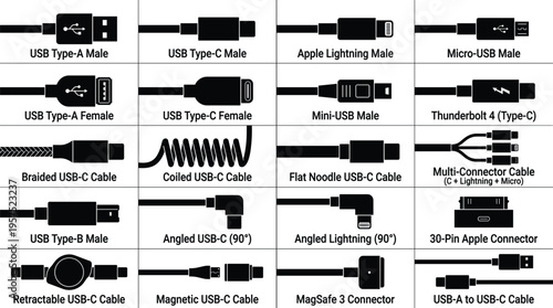 Comprehensive USB Connector Types Set Including Type A Type C Lightning Micro USB Thunderbolt and Various Charging Cable Styles Illustration