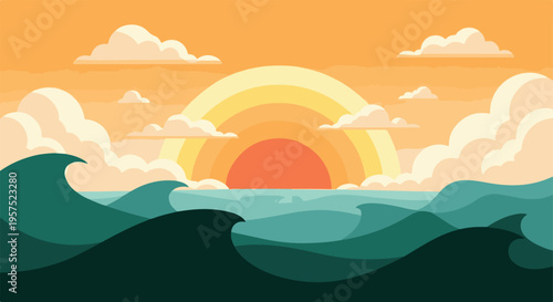 Minimalist Sunset or Sunrise Over Ocean with Stylized Waves and Sky