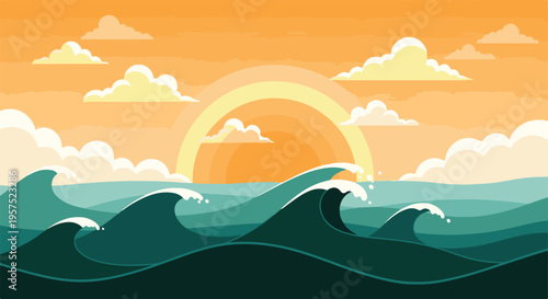Stylized Ocean Waves at Sunset with Colorful Sky and Clouds