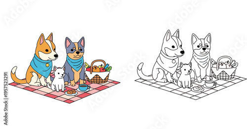 Cute Dog Family Picnic Illustration Set with Colored and Line Art Outlines for Coloring Book Pages and Graphic Design Projects featuring Corgi Dogs with Picnic Basket and Coffee