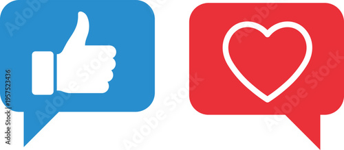 Blue speech bubble with white thumbs up and red speech bubble with white heart like love
