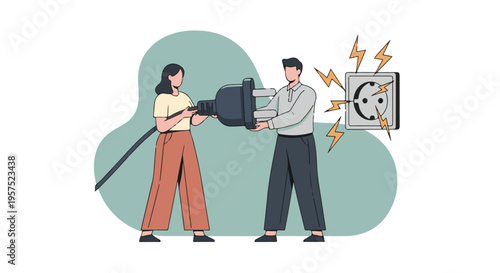 People connecting an oversized electrical plug to a wall socket.