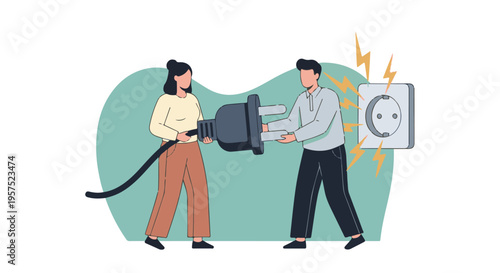 Man and woman connecting giant electric plug to sparking power outlet