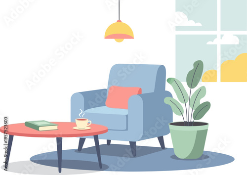 Minimalist living room illustration with a comfy armchair, coffee table, book, and a houseplant, depicting a serene and relaxing modern home lifestyle