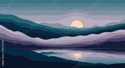 Minimalist layered mountain landscape with sunrise over a calm lake