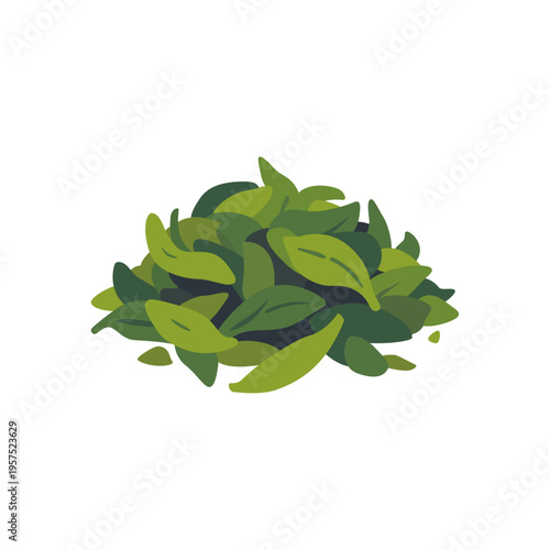 green loose tea leaves, tea ingredient, pile, colorful vector flat style illustration