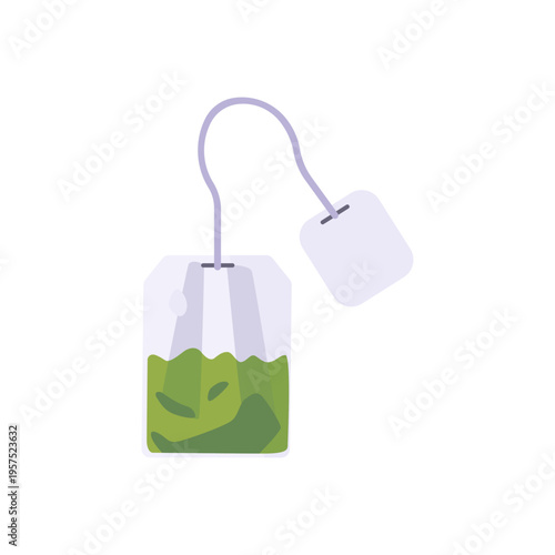 white tea bag, tea ingredient, hanging tag, colorful vector flat style illustration