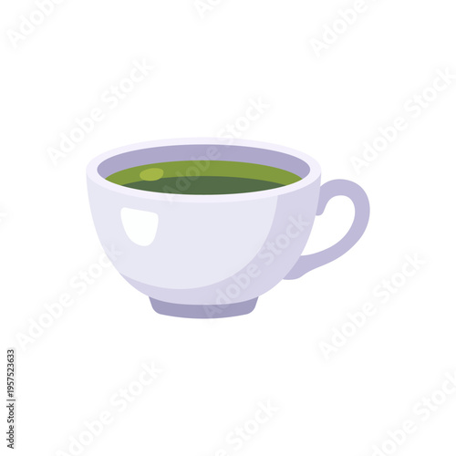 white tea cup with green tea, hot beverage, colorful vector flat style illustration