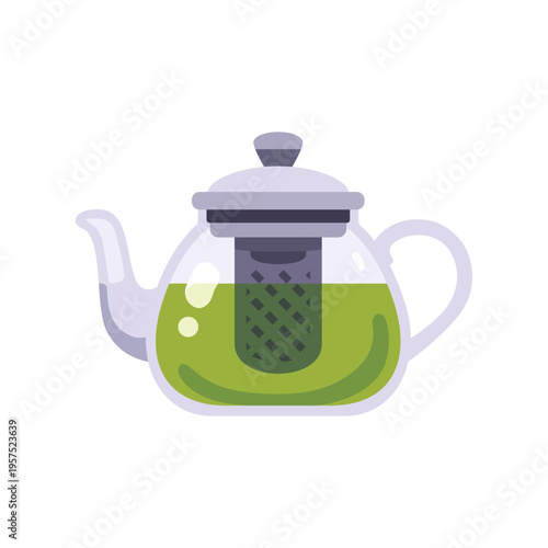 glass teapot, tea drinkware, with infuser, colorful vector flat style illustration